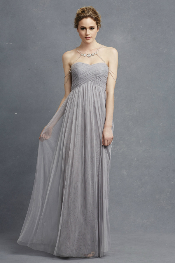 Light gray netted bridesmaid gown