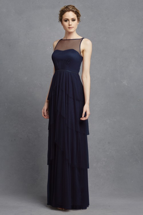 Illusion neckline bridesmaid dress | Hyacinth by Donna Morgan in Navy