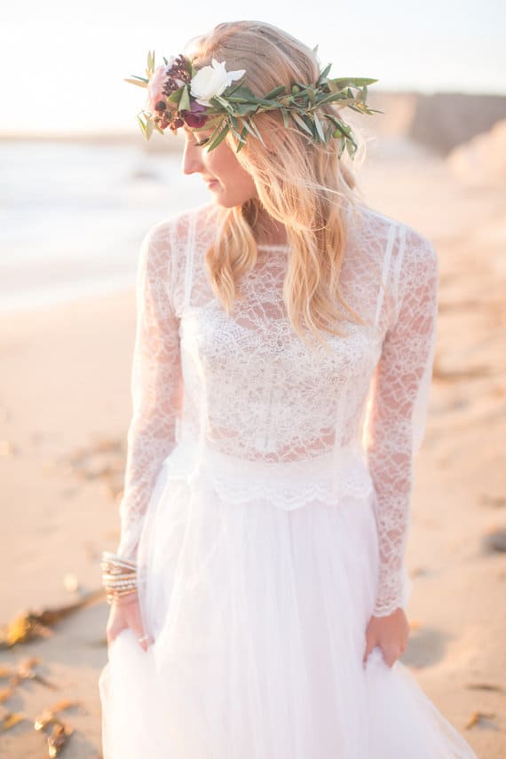 long sleeve lace wedding dress top for a beach wedding