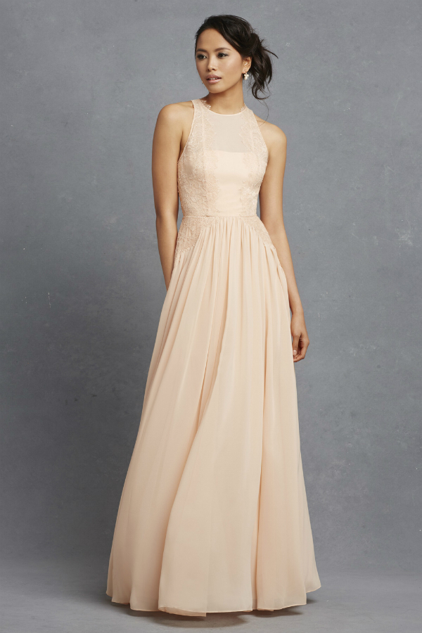 Apricot bridesmaid dress with lace detail from Donna Morgan Serenity Collection