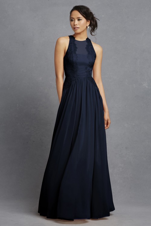 Navy lace long bridesmaid dress | 'Penelope' by Donna Morgan