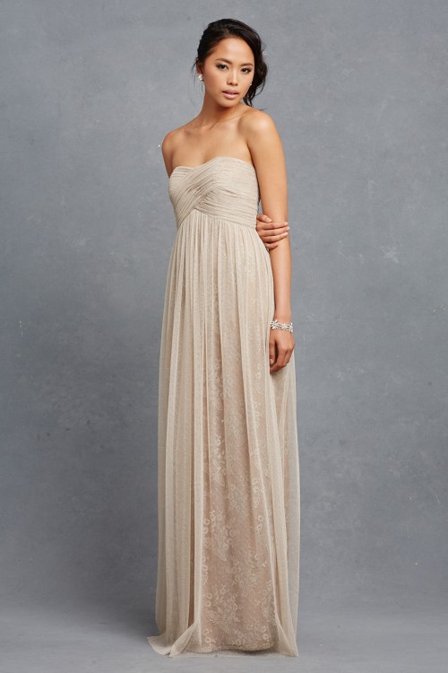 Neutral strapless bridesmaid dresses | Rose by Donna Morgan