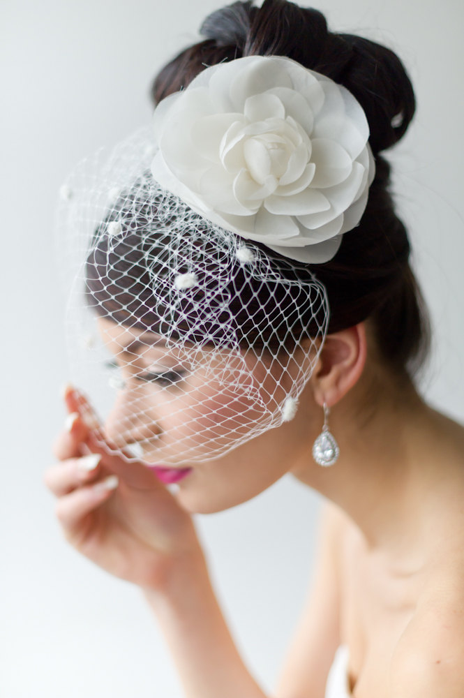 Retro Style Birdcage Veil with Chenille Dots and silk flower by PowderBlueBijoux on Etsy