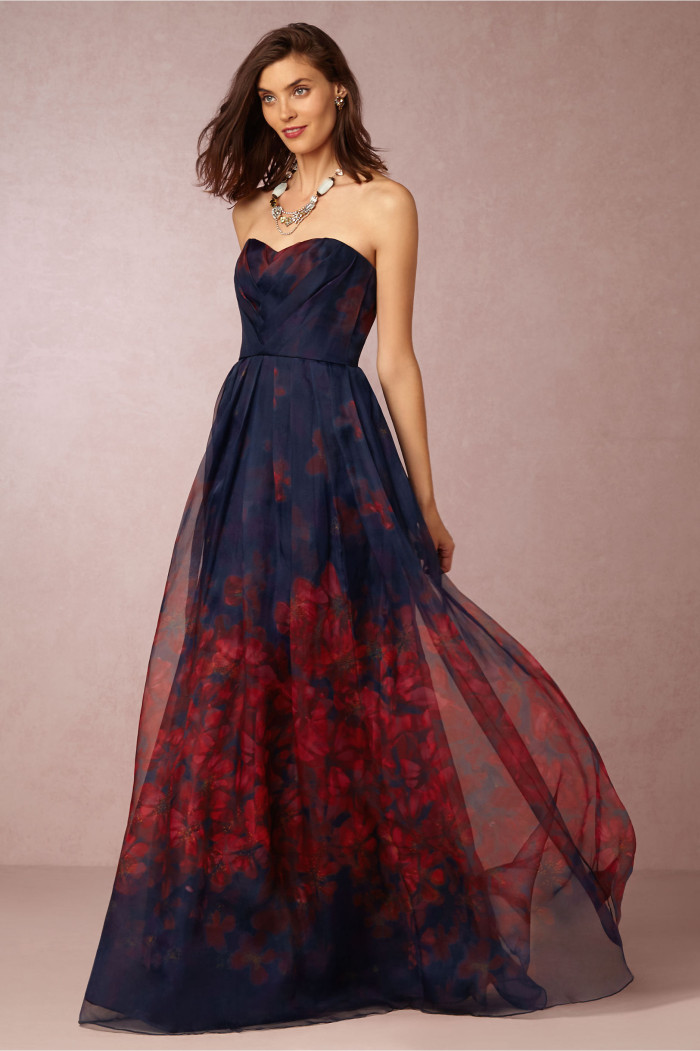 Dark floral print formal gown from BHLDN