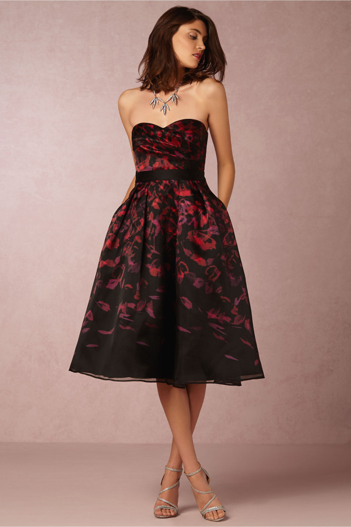 Printed strapless dress from BHLDN | Fall wedding guest dress picks