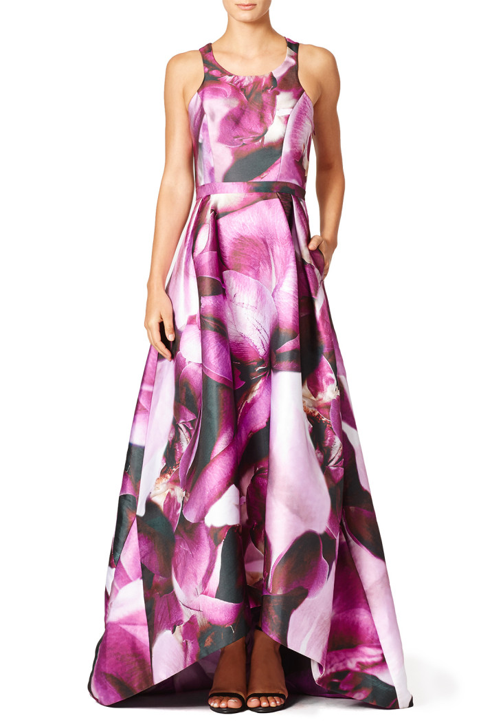 Printed gown for a black tie fall wedding | Monique Lhuillier Dress from Rent the Runway