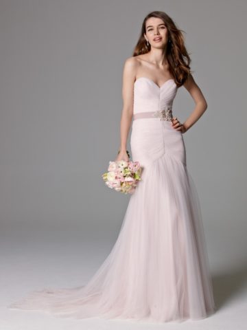 Strapless pink tulle wedding gown by Watters