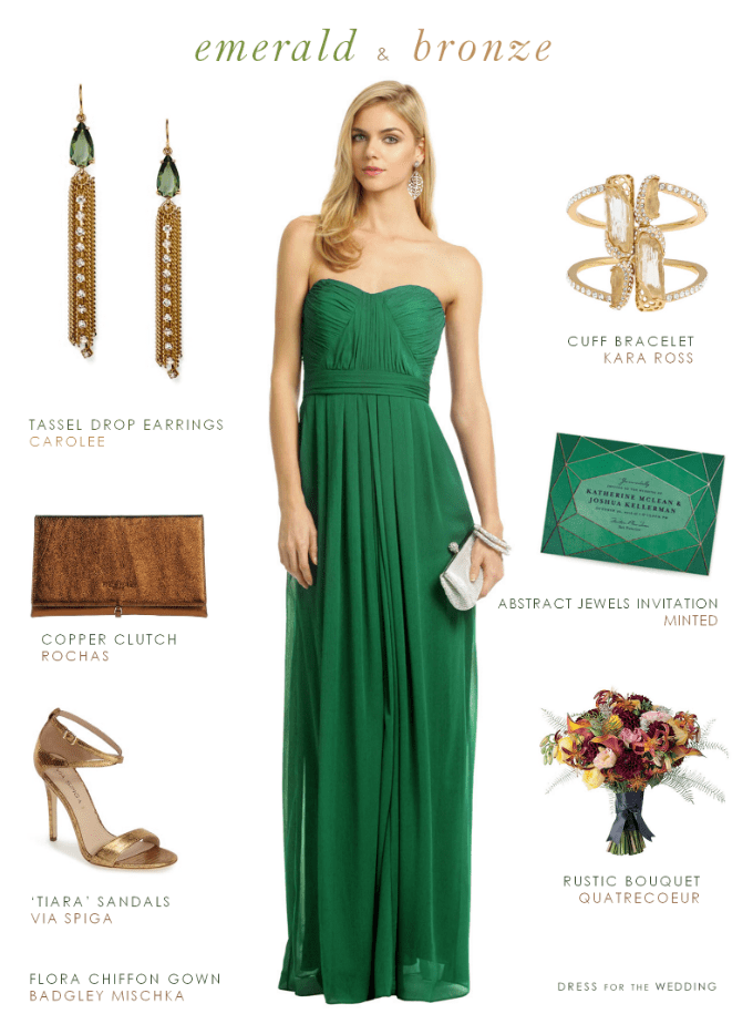 Emerald green gown with bronze accessories