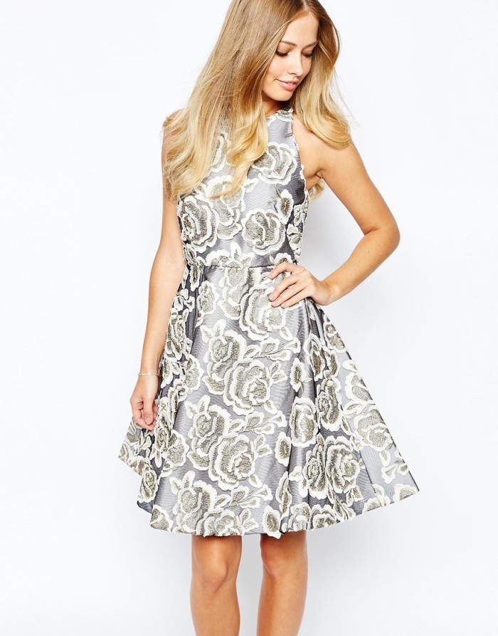 Gray printed fit and flare dress | Asos | Cocktail dresses for fall weddings