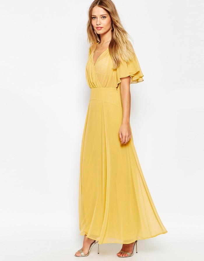 Yellow gold maxi dress with flutter sleeves | Dresses for Wedding Guests