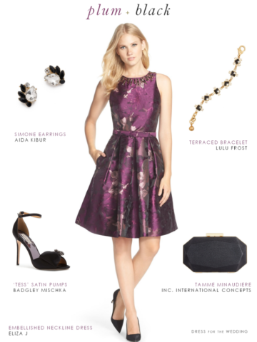 Purple and black dress | Wedding guest outfits