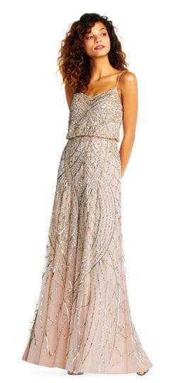 Beaded sequin blush maxi dress with sweetheart neckline