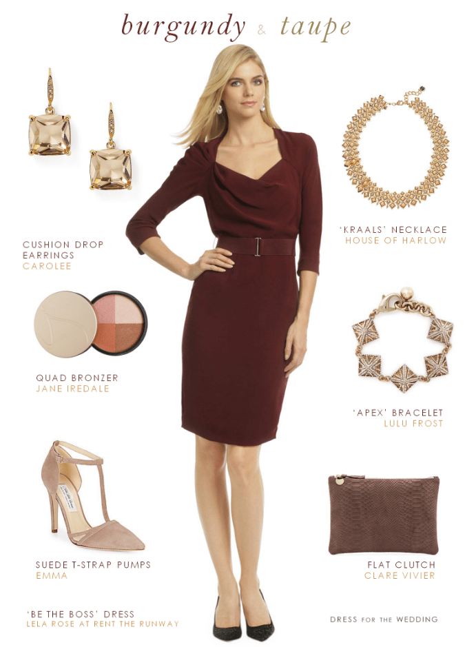 Burgundy Dress with Taupe Accessories