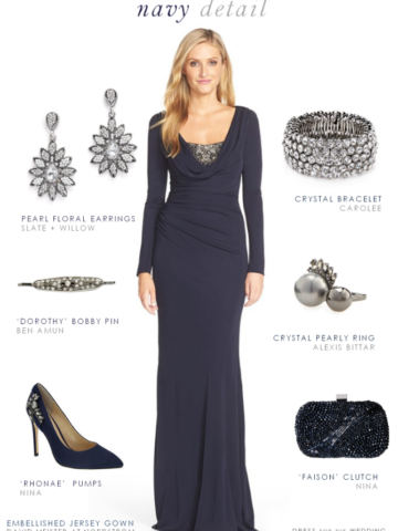 Navy evening gown with long sleeves
