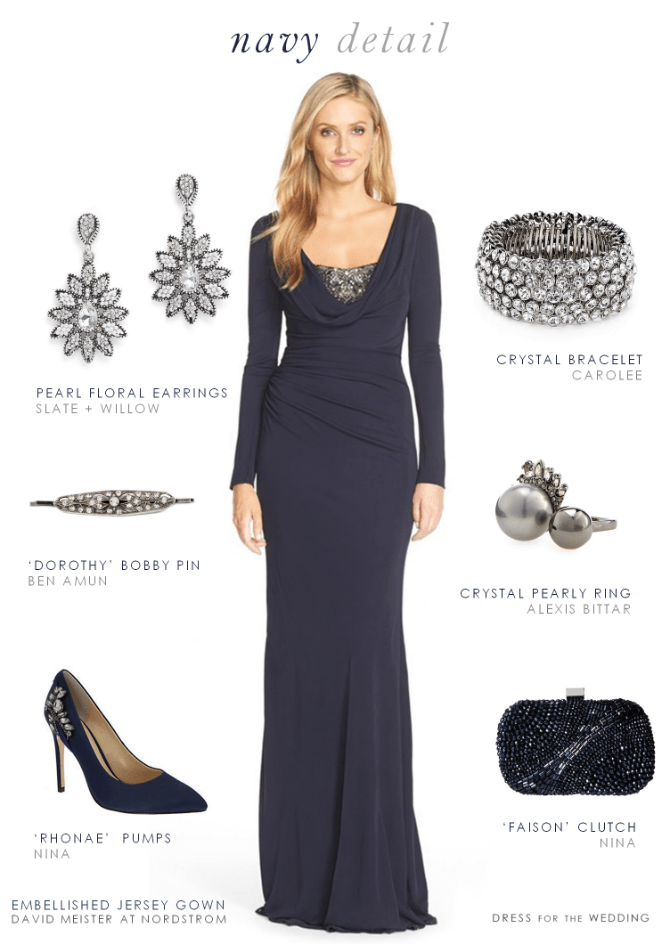 Navy evening gown with long sleeves