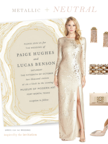 Metallic and neutral wedding attire inspired by the wedding invitation