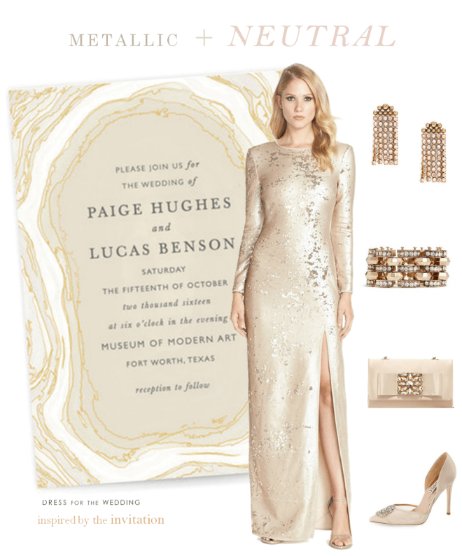 Metallic and neutral wedding attire inspired by the wedding invitation