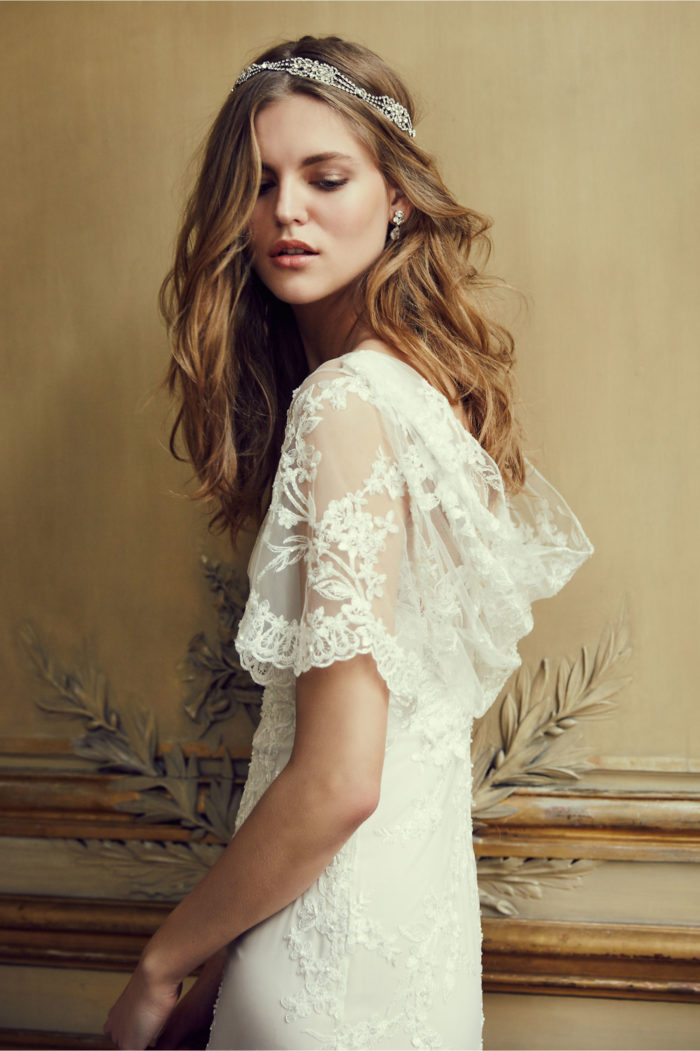 Lace flutter sleeve wedding dress