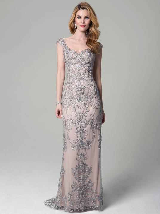 Embellished gray gown with cap sleeves for mother of the groom or mother of the bride