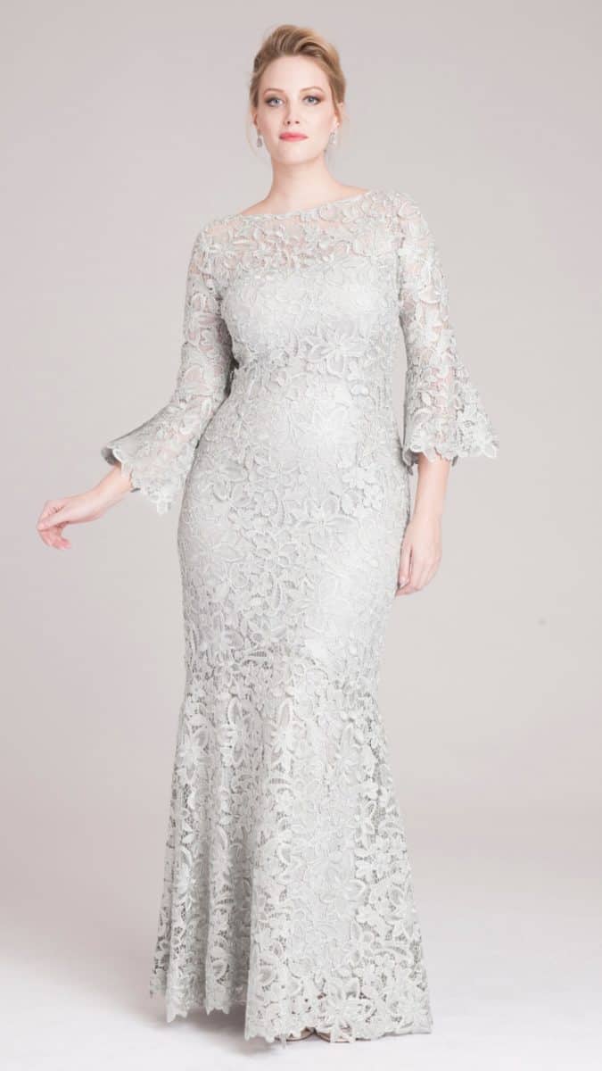 Silver Lace Gown with Long Flared Sleeves by Teri Jon