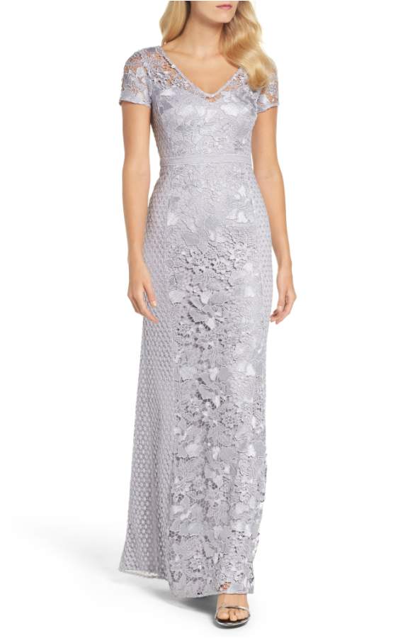 Silver Lace Gown with Short Sleeves for Mother of the Bride