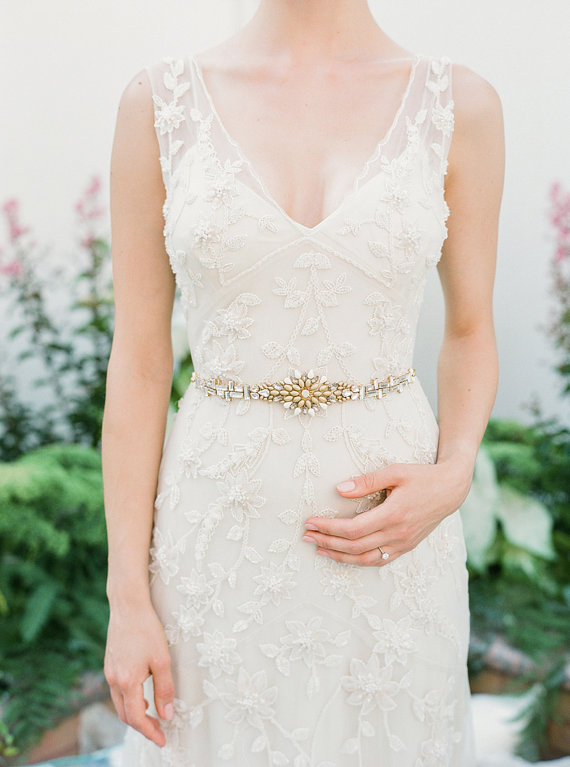 Gold and crystal bridal sash | Hushed Commotion on Etsy | Photo by Lindsay Madden