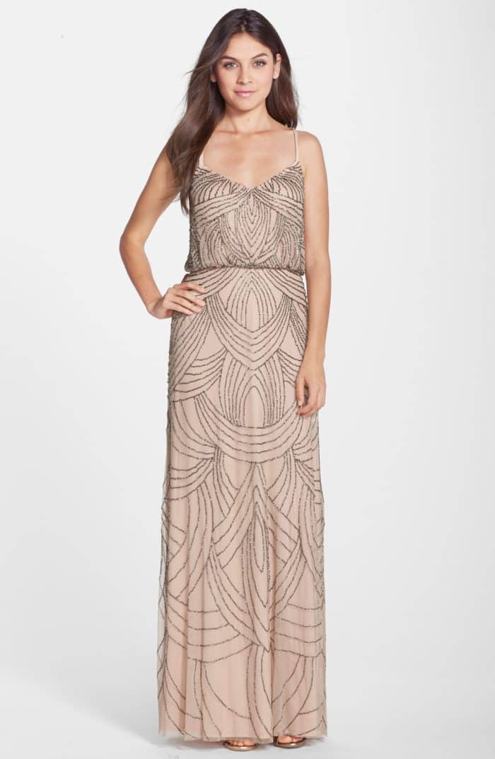 Long Beaded Beige Bridesmaid Dress