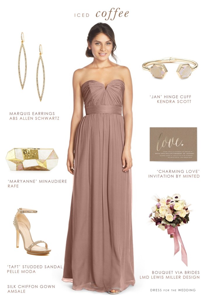 Beige bridesmaid dress and accessories