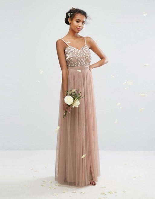Mink Beige Tulle and Sequin Bridesmaid Dress Long