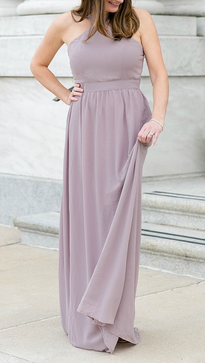 Muted taupe and lavender chiffon gown from ModCloth | Formal wedding look | Photography by Brittney Kreider