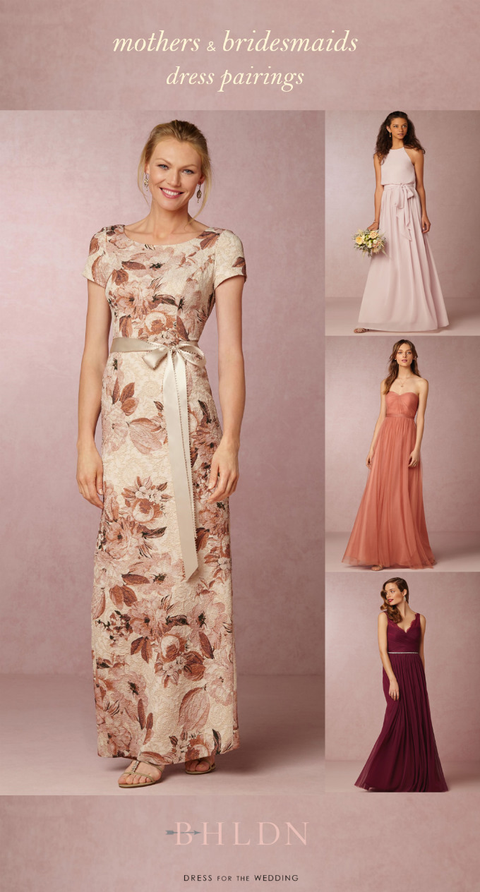 Printed mother of the bride dress | BHLDN | Coordinates with pink, coral, or burgundy bridesmaid dresses