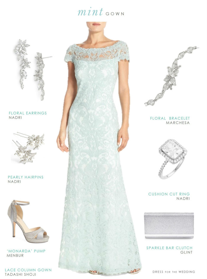 Mint lace gown for a wedding or mother of the bride