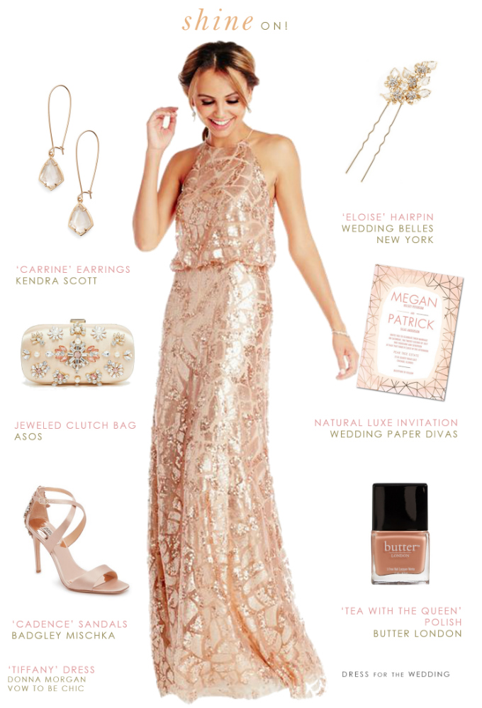 Peach sequin bridesmaid gown