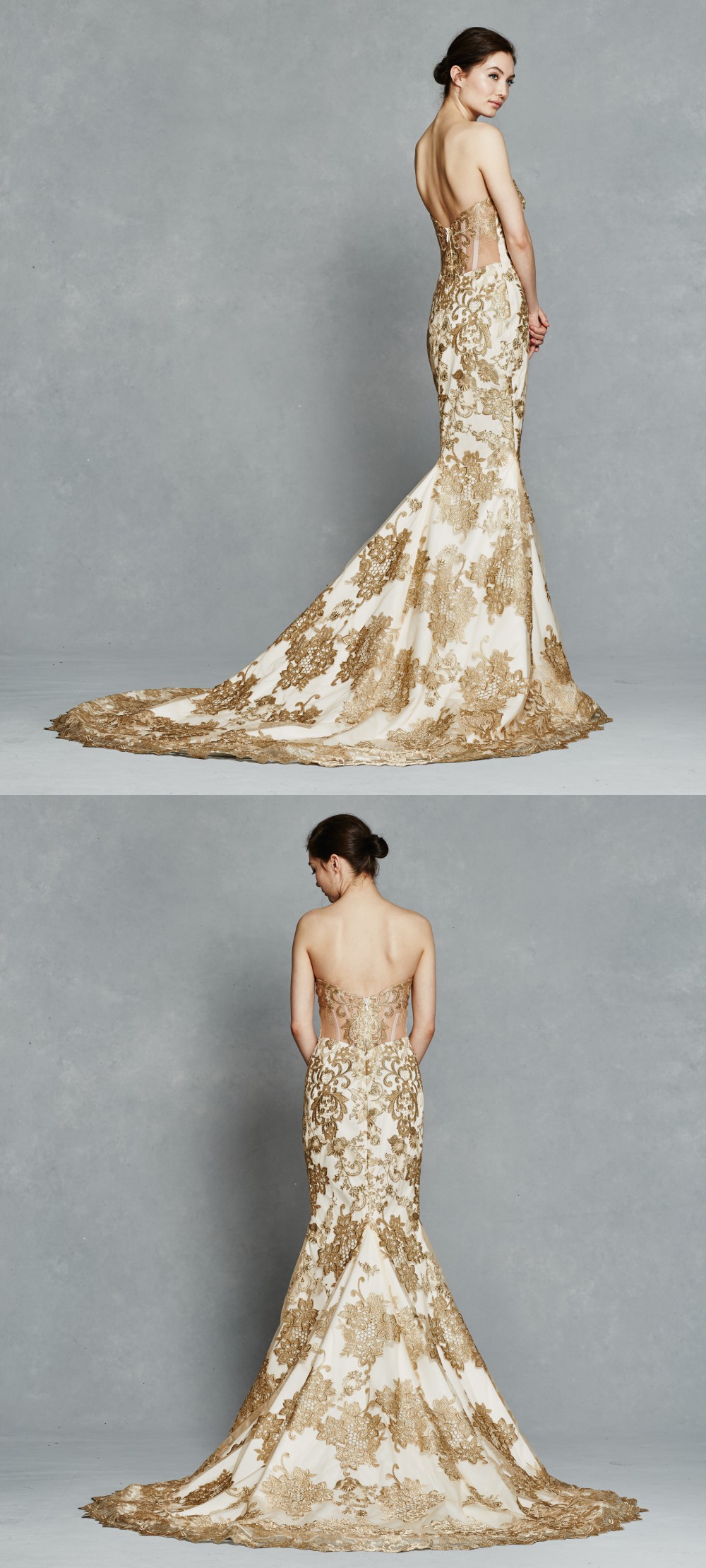 Gold lace strapless wedding dress| Gwendelyn