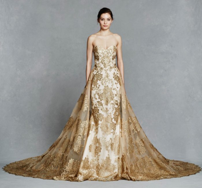 Gold bridal gown with overskirt and train | Gwendelyn by Kelly Faetanini