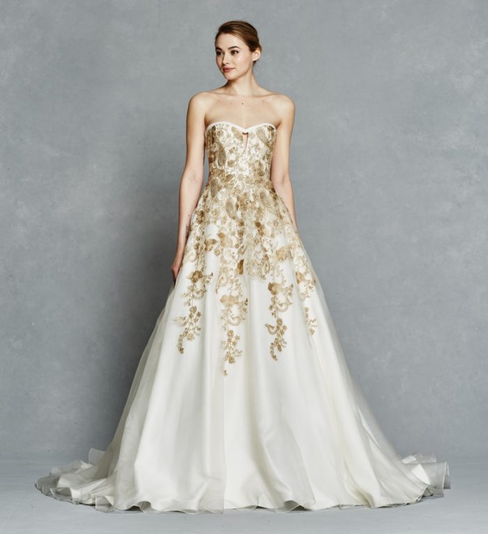 Gold strapless embellished wedding dress | Leona by Kelly Faetanini