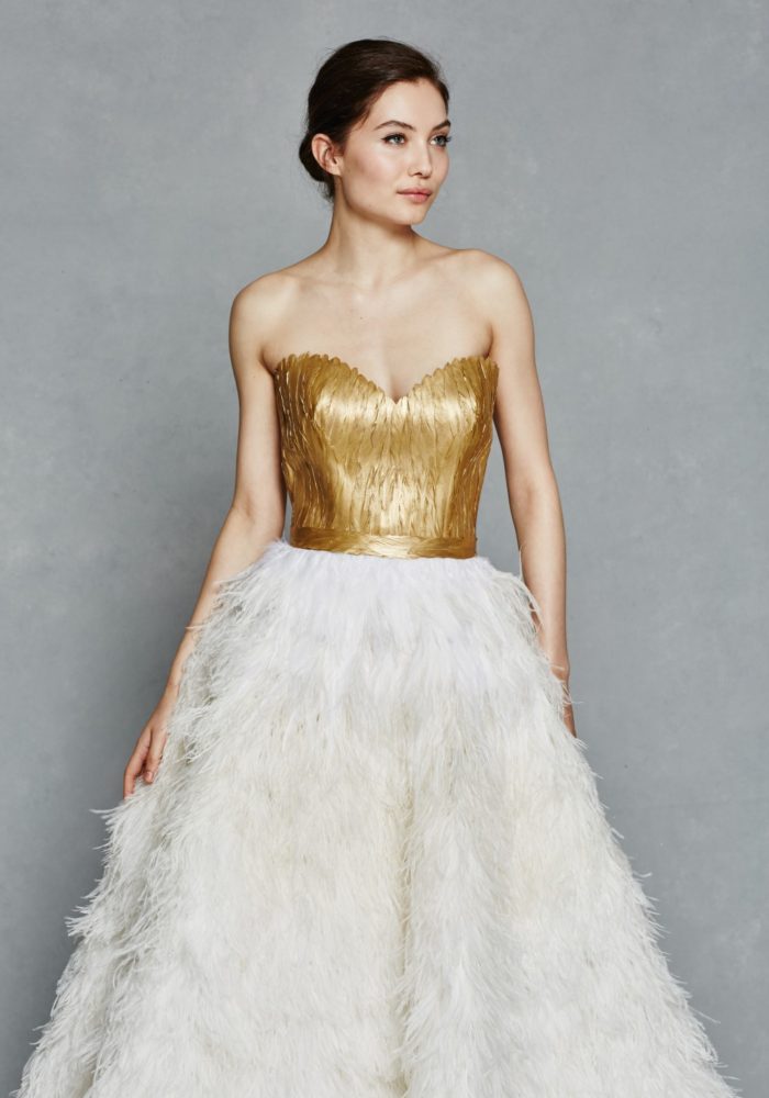 Gold bodice wedding gown with ostrich feather skirt | Kelly Faetanini