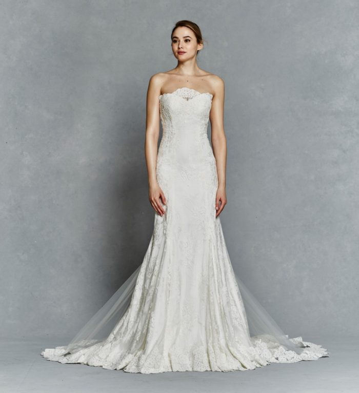 Strapless wedding dress with overlay and lace detail | Hazel by Kelly Faetanini