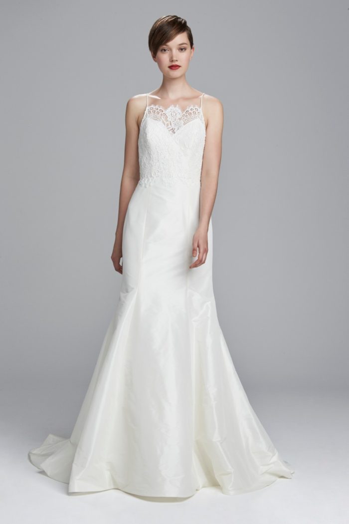 Lace neckline wedding dress with spaghetti straps