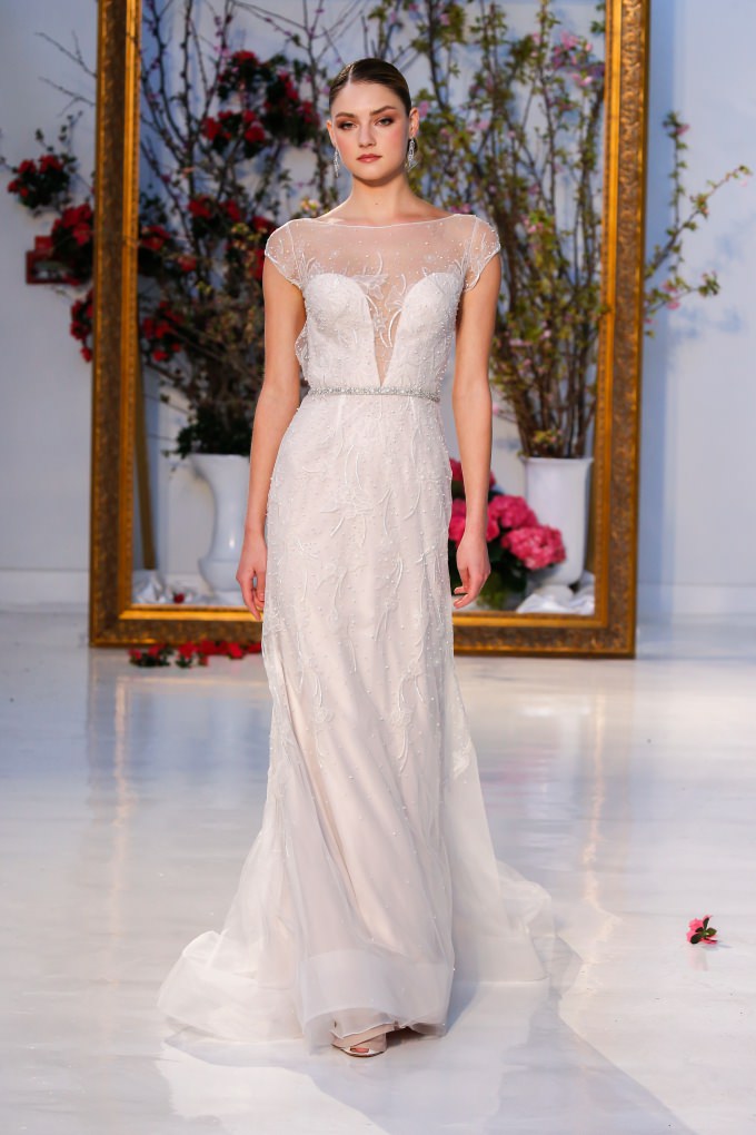 Plunge neckline wedding dress with illusion mesh overlay | Anne Barge Designer Wedding Dresses