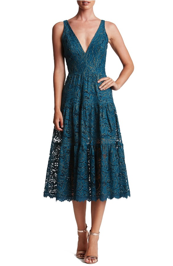 Teal Lace Dress Below The Knee Length