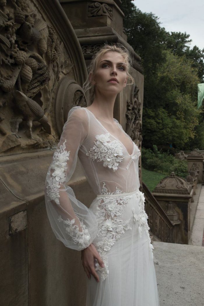 Wedding gown with sheer sleeves by Inbal Dror