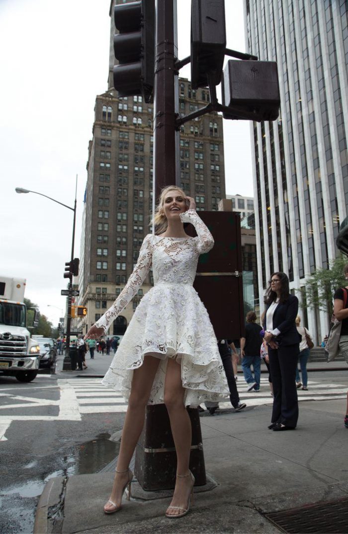 Short white lace wedding dress with long sleeves | 'New York' Collection by Inbal Dror