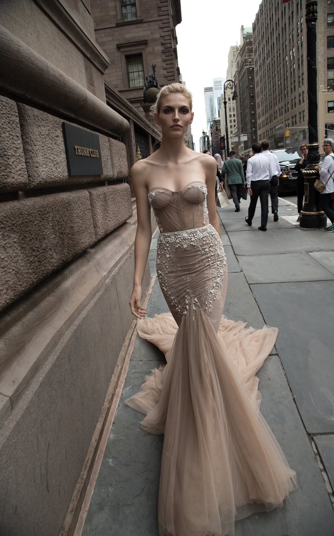 Couture strapless sheer neutral wedding dress by Inbal Dror