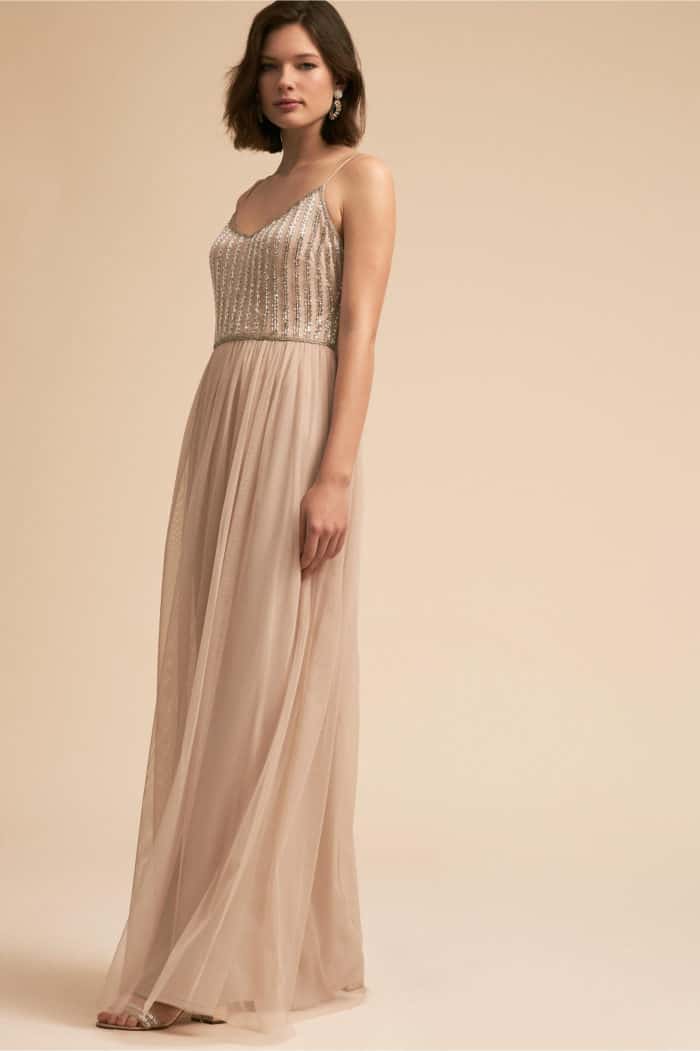 gold beaded top long bridesmaid dress