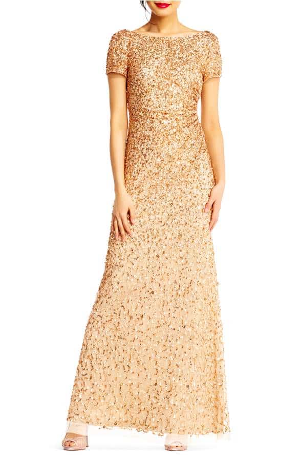 gold sequin bridesmaid dress with short sleeves