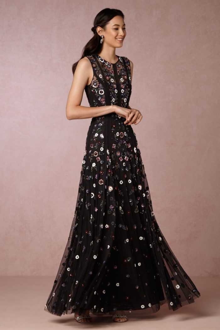 Black floral embroidered maxi dress | Fall wedding guest dress ideas