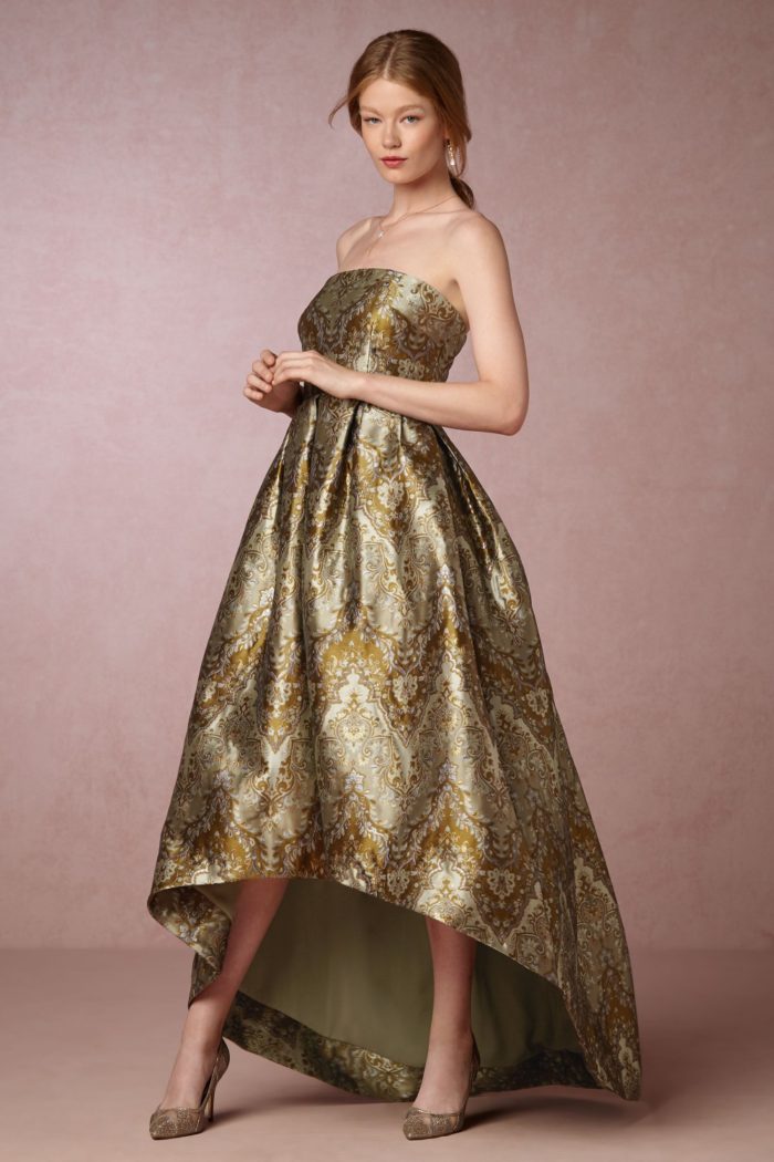 Black tie event attire | Strapless hi-low gold jacquard print dress from BHLDN