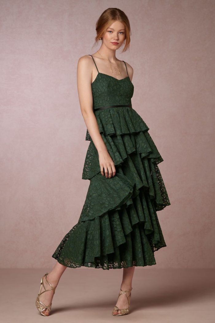 Emerald green ruffle tiered party dress from BHLDN