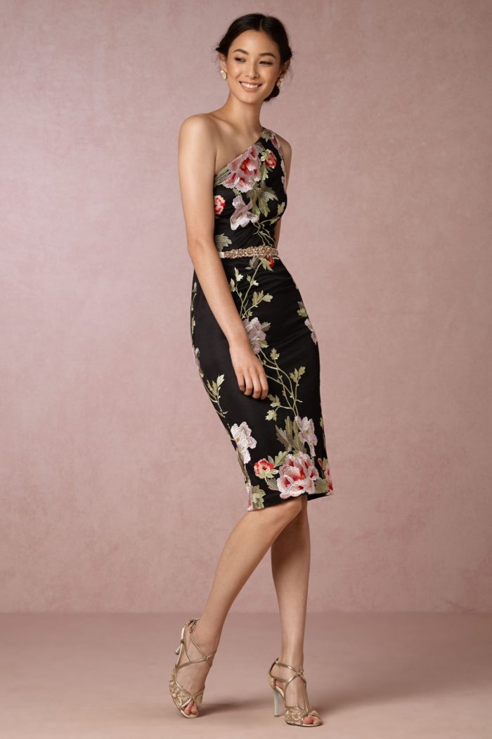 One shoulder black floral sheath dress